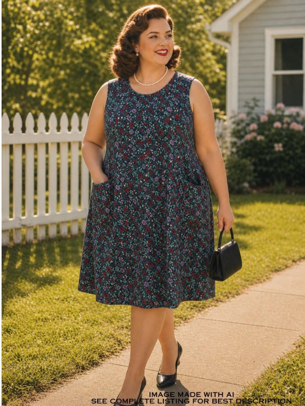 Vintage Polka Dot Floral Sleeveless House Dress 3X Oversize Pockets Rockabilly